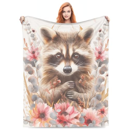 G-dake Geschenke für Frauen Mädchen Kinder Geburtstag, Flauschig Waschbär Kuscheldecke Decke, Waschbär-Decke Tiermotiv Blume Wohndecke für Freundin 150x200cm von G-dake