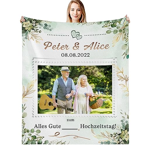 G-dake Personalisierte Hochzeitsgeschenke,Foto Geschenke Decke mit Namen und Datum, Hochzeitstag Jahrestag Geschenkidee für Frauen Männer Brautpaar Paare Ihn Sie, Kuscheldecke Flauschig 130x150cm von G-dake