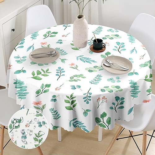 G-dake Tischdecke Rund 150 cm Abwaschbar, Wasserdicht Eucalyptus Blatt&Blumen Tischtuch Polyester Fleckschutz Garten Runde Tischdecken für Draußen Küche Party Deko（150cm） von G-dake