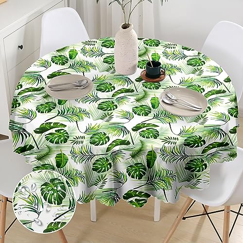 G-dake Tischdecke Rund 150 cm Abwaschbar,Wasserdicht Grün Tropische Palmblätter Tischtuch Polyester Fleckschutz Garten Runde Tischdecken für Draußen Küche Party Deko(150cm) von G-dake