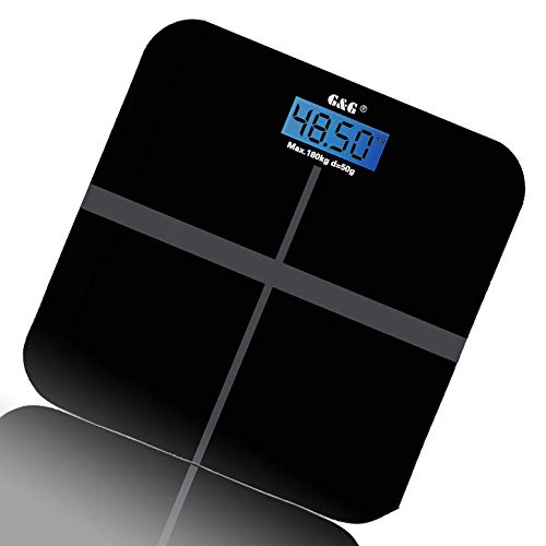 G&G A6 180kg/50g Personenwaage 30X30 cm DESIGN Digitalwaage AAA Batteriebetrieb GLAS Scale (Schwarz-Kreuz) von G&G