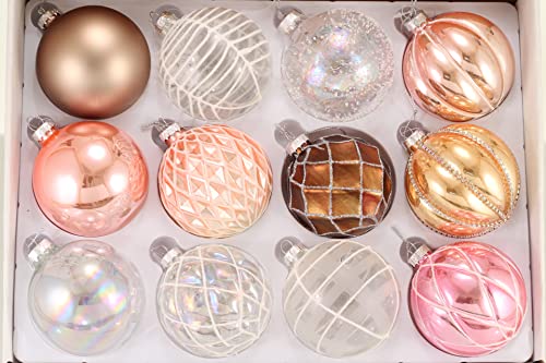 G&M 12er Set edle Christbaum-/Weihnachtskugeln aus Glas Ø 8 cm (Rosa, Weiß, Kupfer, Mint, Klar, Glitzer) von G&M