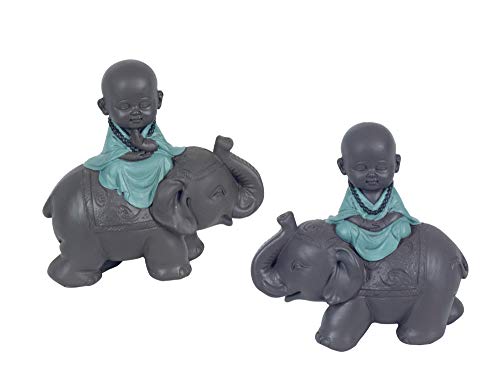 G&S Set mit 2 Figuren aus Kunstharz, Mini-Bonze auf Elefant, Höhe 12 cm von G&S