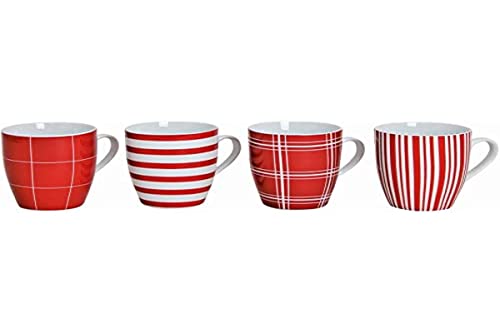 Wurm KG 4er Set moderne Kaffeetassen aus Porzellan | 10 cm hoch | Ø 8 cm | 300 ml | Große Kaffeetasse in rot/weiß gestreift und kariert von Wurm KG