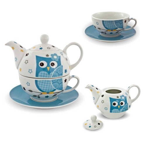Porzellan Tee Set Tea for one Teeservice Eule blau weiß Teekanne Tasse Untersetzer von Porzellan