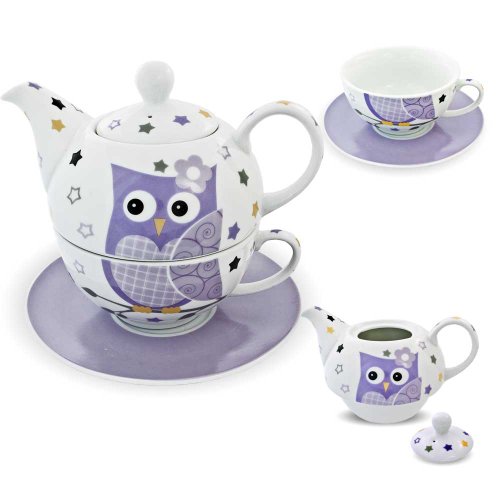 Porzellan Tee Set Tea for one Teeservice Teekanne Tasse Untersetzer Eule lila weiß von G. Wurm GmbH + Co. KG