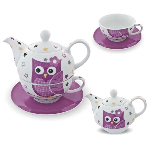 Porzellan Tee Set Tea for one Teeservice Teekanne Tasse Untersetzer Eule pink weiß von G. Wurm GmbH + Co. KG