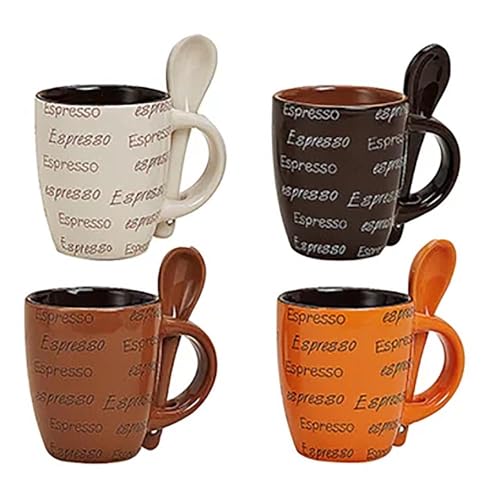 G. Wurm GmbH 4 Espressotassen mit 4 Löffeln - 8-teiliges Dekorset, Cremebraun, Dunkelbraun, Orange, Keramikqualität, Höhe 7 cm / 50 ml von G. Wurm