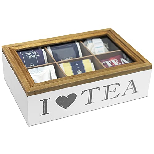 G. Wurm Teebox 'I Love Tea' mit Sichtfenster und 6 Fächern, Teekiste Teedose Holzbox für Teebeutel von G. Wurm