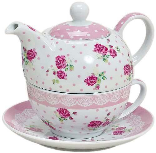 Tea for one Set 3-teilig Porzellan Teekanne mit Tasse und Untertasse mit Rosen und Blumen Motiv (Rosa) von G. Wurm