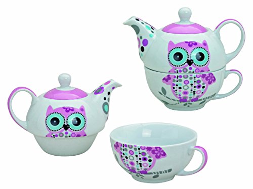Teekanne mit Tasse Tea4one Keramik weiß- bunt mit Eulendekor von G. Wurm