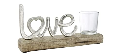 Edler Schriftzug mit Teelichthalter auf Holz in brüniertem Aluminium als Aufsteller, Modell: Love, Maße 22,5 x 12 x 4 cm von G.H.