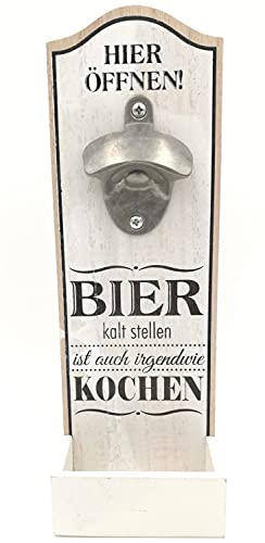 G.H. Robuster Grosser Wand Flaschenöffner im Vintage Stil zur Wandmontage aus Holz, mit Metall Kapselheber, Masse 30 x 10 cm, Ausführung mit Spruch: Bier KALT Stellen. von G.H.