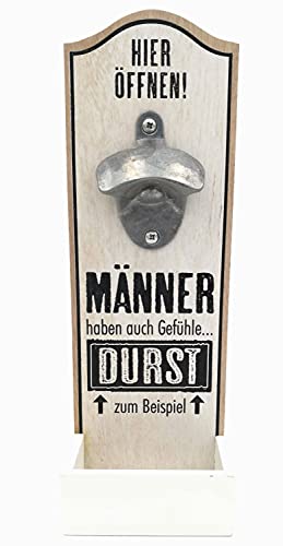 G.H. Robuster Grosser Wand Flaschenöffner im Vintage Stil zur Wandmontage aus Holz, mit Metall Kapselheber, Masse 30 x 10 cm, Ausführung mit Spruch: MÄNNER HABEN AUCH. von G.H.