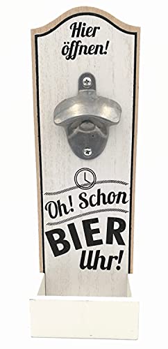Robuster Grosser Wand Flaschenöffner im Vintage Stil zur Wandmontage aus Holz, mit Metall Kapselheber, Masse 30 x 10 cm, Ausführung mit Spruch: OH! Schon Bier Uhr! von G.H.