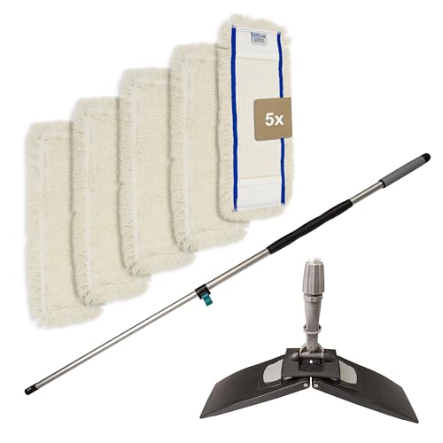 G.I.V. - Reinigungstechnik Bodenwischer Set Teleskopstiel 96-180cm mit gummiertem Handgriff + Klapphalter & 5X + Baumwollmopp Bezug 40cm - Wischbezug Baumwolle Bodenreinigung - Wischmopp mit Stiel von G.I.V. - Reinigungstechnik