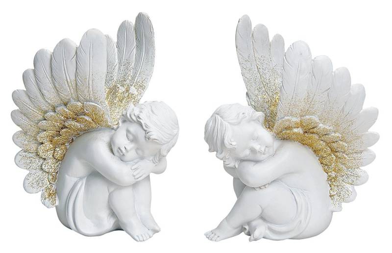 G.Wurm GmbH Engelfigur Sitzende, schlafende Engelfiguren, 2er-Set, H 10 cm Skulptur, Sammlerfigur, Weihnachtsfigur, 2erSet, Flügel mit Goldglitter bestäubt von G.Wurm GmbH