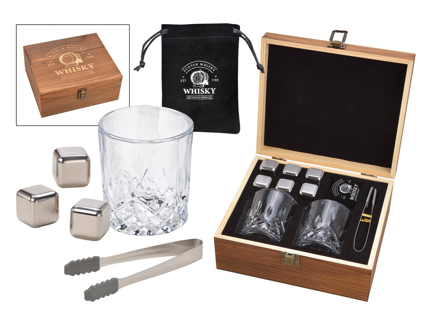 G.Wurm GmbH Gläser-Set Whisky Geschenk-Set mit 2 Gläsern, Edelstahl-Eiswürfeln, Zange von G.Wurm GmbH