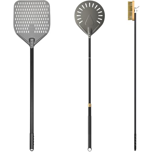 G.a HOMEFAVOR 12 zoll Perforiert Pizzaschieber 9 zoll Pizzaschaufel asus Hart Eloxiertem Aluminium, Pizzaofenbürste mit abnehmbarem langem Griff für Ofen BBQ Grill, Gesamtlänge 120 cm auf Deutsch von G.a HOMEFAVOR