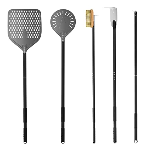G.a HOMEFAVOR 12 Zoll Perforierter Pizzaschieber 9 Zoll Pizzaschaufel aus Hart Eloxiertes Aluminium, Pizzaofen Bürste und Pizzagabel 5PCS Pizzabackofen-Sets für den Grill & Backofen von G.a HOMEFAVOR