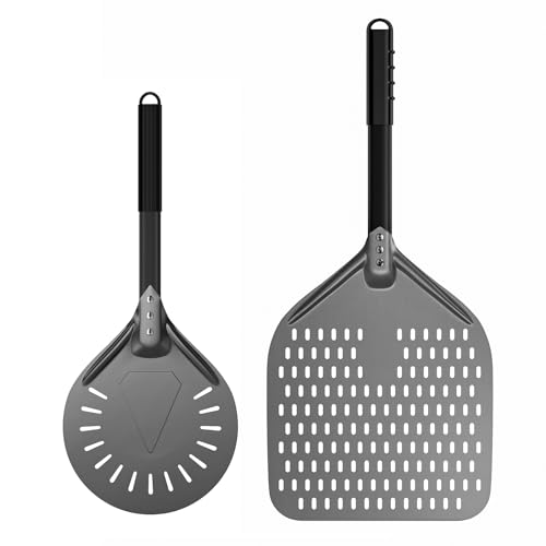 G.a HOMEFAVOR Perforierter Pizzaschaufel 12 zoll Pizzaschieber 8 zoll Pizzawender Rund aus Hart Eloxiertem Aluminium Pizza Schaufel mit Silikongriff von G.a HOMEFAVOR
