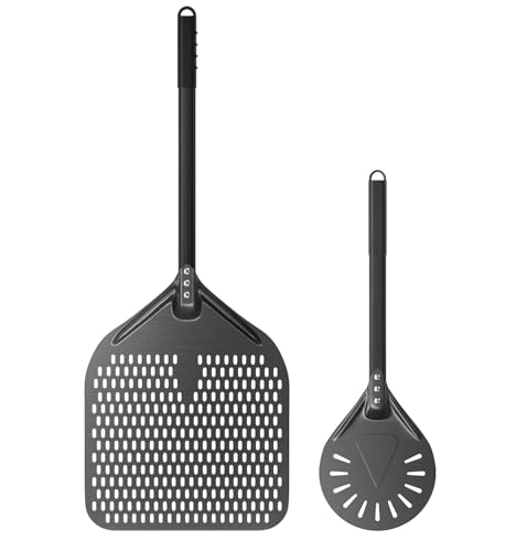 G.a HOMEFAVOR Pizzaschieber Perforierter 14 Zoll Pizzaschaufel aus Hart Eloxiertes Aluminium Pizzaschaufel 8 inch Pizzawendeheber Pizza Schaufel mit Silikongriff von G.a HOMEFAVOR