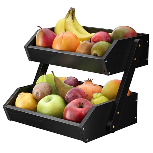 Obstkorb Bambus, 2-stufiger Obst und Gemüse Aufbewahrung Obstschale,Black von G.a HOMEFAVOR