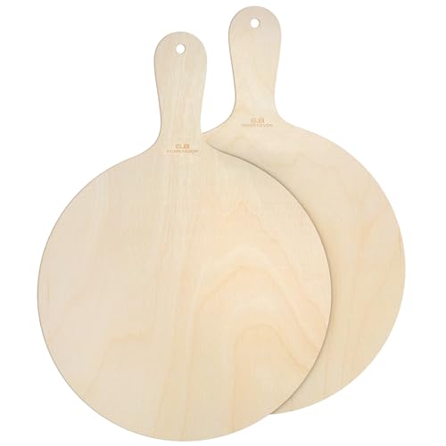 G.a HOMEFAVOR Runder Pizzateller, Pizzabrett aus Holz mit Griff, Praktischer Servierteller & rustikales Schneidebrett zum Backen von Pizza, Brot, 32cm, 2er Pizzabrett-Set von G.a HOMEFAVOR