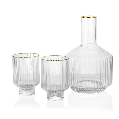 G Bedside Carafe Glass Set, 1 Pitcher 2 Cups For Nightstand Water, Ribbed Bedside Water Decanter 1672.6 G With Gold Rim Tumbler 354.4 G Cup,Vintage Bedside Carafe Use for Bathroom,Bedroom,Kitchen, von G