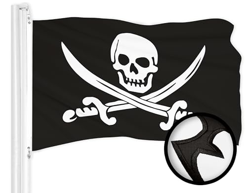 G128 Piraten-Flagge mit Jolly Roger-Schwertern, ToughWeave-Serie, bestickt, 300D-Polyester, besticktes Design, für drinnen und draußen, Messingösen von G128