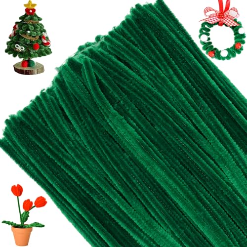 G2PLUS Dunkelgrün Pfeifenreiniger 6mm, 100 Stück Pfeifenputzer zum Basteln, Pfeifenputzer für Blumen Pfeifenreiniger, 30cm Chenilledraht für Kinder zum Basteln und Dekorieren von G2PLUS