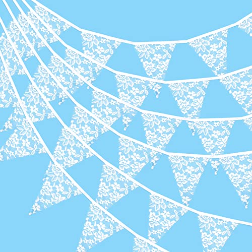 G2PLUS 10M Spitze Wimpelkette Weiß, Schöne Stoff Wimpelkette Hochzeit, 36 STK Draußen Garten Stoffgirlande, Vintage Stoff Wimpel Girlande für Hochzeiten oder Geburtstage von G2PLUS