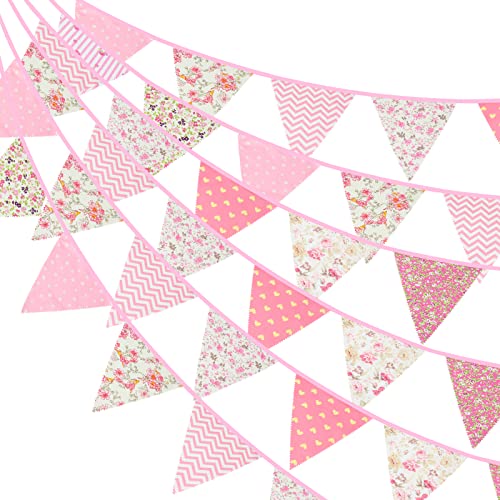 G2PLUS 12m Wimpelkette Blumen Stoff, Rosa Stoff Wimpel Girlande, Lange Gartendeko Bunting, Stoffgirlande mit 42 STK Groß Blumen Wimpeln für Haus und Garten Deokration von G2PLUS