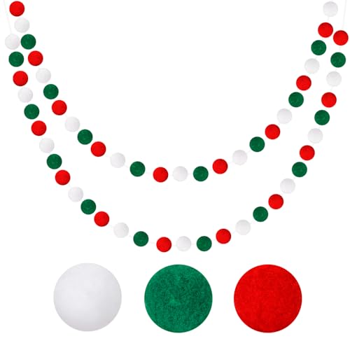 G2PLUS 2 Stück Weihnachten Filzkugeln Girlanden,Pompom Girlanden Filzkette mit 60 Stück Pompom Rot,Grün und Weiß Pompom Girlande zum Weihnachten, Dekorationen für das Heimbüro von G2PLUS