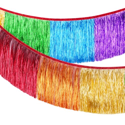 G2PLUS Fransen Girlande Bunt Tinsel: 2m Glänzende Party Deko mit 20cm Lametta für Karneval, Fasching, Stadtfest, Silvester, Christopher Street Day von G2PLUS