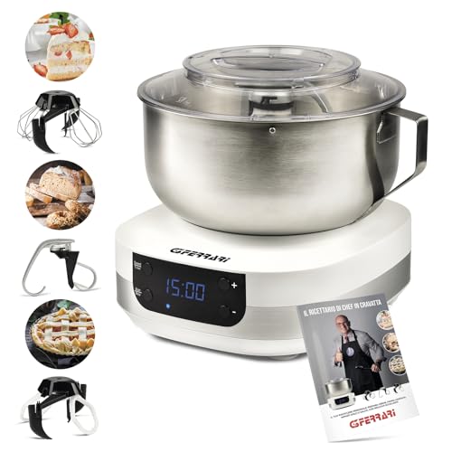 G3 Ferrari G20145 Gourmet Knetmaschine, 1500 Watt, 5 Liter, Edelstahlschüssel mit Griff, Digitalanzeige, 5 Geschwindigkeiten, Timer, inklusive Rezeptbuch von G3 Ferrari