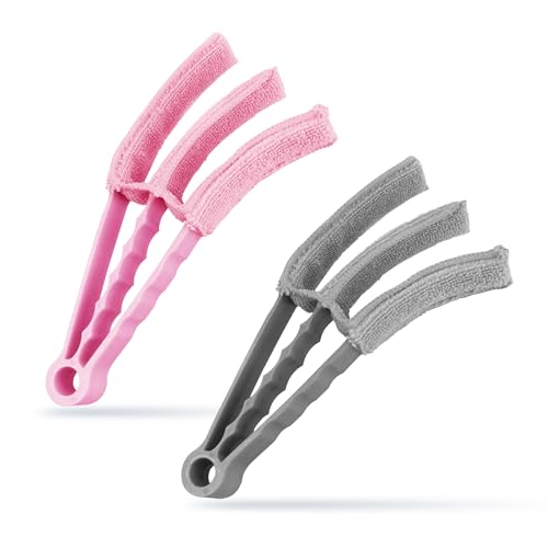 2 x Feucht- und Trockenreiniger, venezianische Fensterrollo-Reiniger, Mikrofaser-Bürste, 3 Zinken, waschbar, Staubwedel (Grau und Rosa) von G4GADGET