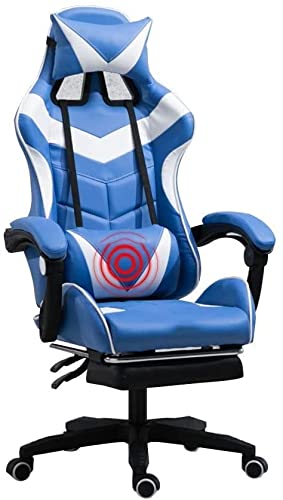 GAAHRQQQ Bürostuhl Videospielstühle Ergonomie Lift Sitz mit Fußstütze Hohe Rückenlehne Gaming Stuhl Multifunktion mit Kopfstütze und Lendenwirbelstütze für Videospielstuhl Drehstuhl Weiß (Blau Weiß) von GAAHRQQQ