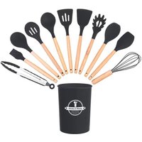 Kochutensilien aus Silikon, 12-teiliges Küchenzubehör-Set, BPA-frei, Utensilien-Set aus Holz, Antihaft-Set mit Aufbewahrungspfanne, Schwarz von GABRIELLE