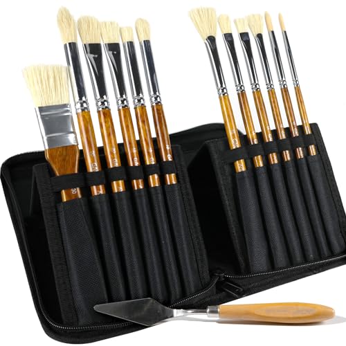 GACDR Oil Paint Brush Set, 12 Pieces Versatile Hog Bristle Paint Brushes for Oil Acrylic Painting with Palette Knife and Pop-Up Carring Case… von GACDR