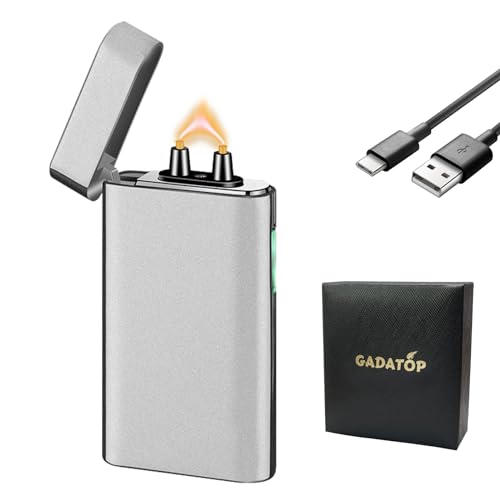 GADATOP Sturmfeuerzeug Elektrisch USB Aufladbar Lichtbogen Feuerzeug Winddicht Wiederaufladbar LED Batterieanzeige Metallgehäuse Für Camping Küchengeräte Geburtstag Geschenkideen (Silber) von GADATOP