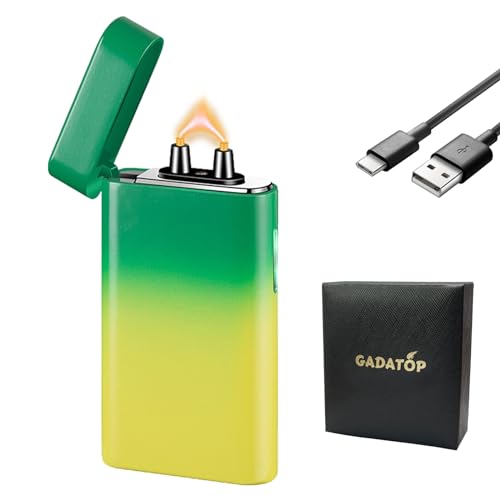 GADATOP Feuerzeug Elektrisch Dual Flame USB Aufladbar Mit Ladebox Sturmfest LED Batterieanzeige Ergonomischer Griff Für Camping Küchenherd Kerzenanzünder Geschenkverpackung (Gelb-Grün Verlauf) von GADATOP