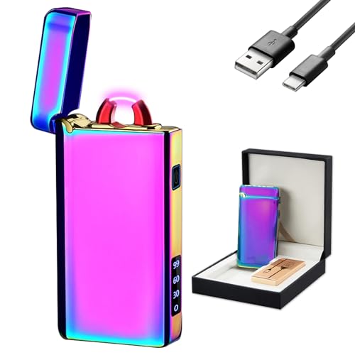 GADATOP USB Feuerzeug elektrisch hochwertig mit Lichtbogenfeuerzeug Funktion Metallgehäuse und Ladestandsanzeige ideal für Tagesgebrauch Outdoor Kochen Grillen Geschenke für Männer Frauen (Mehrfarbig) von GADATOP