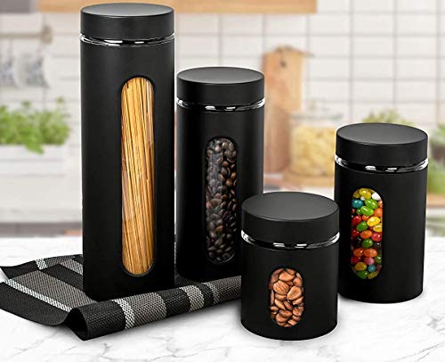Gadgetwiz Vorratsdosensets für die Küchentheke, mattschwarzes Küchendekor und Zubehör, Glas für die Küche, Zuckerbehälter, 4 Stück von GADGETWIZ