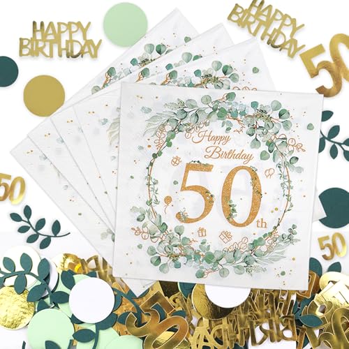 Servietten 50. Geburtstag, 40Stück Happy Birthday Servietten Geburtstag Mit Konfetti Geburtstag, 50 Geburtstag Servietten Eukalyptus, Party Deko 50. Geburtstag Mann Frau, Tischdeko Geburtstag von GADITIEK