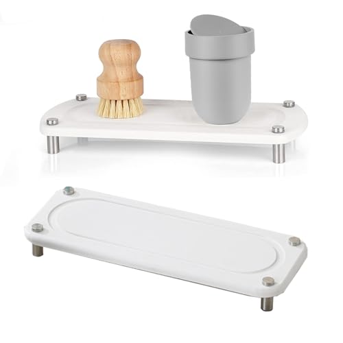 GAESHOW 2 Stück Instant Dry Sink Rack, Diatom Schlamm Drainage Pad, Schwammhalter für Küchenspüle mit Edelstahl Füßen, Badezimmer Arbeitsplatte Schnell Trocknendes Gestell für Seifenflaschen, Weiß von GAESHOW