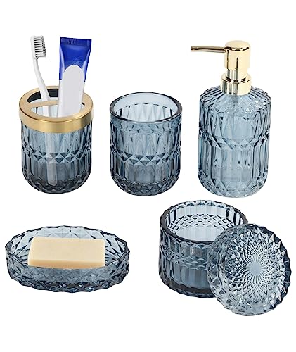 GAESHOW 5 Stück Glas Badezimmer Zubehör Set, Moderne Transparente Badset Enthalten Seifenspender, Zahnbürstenhalter, Seifenschale, Glasbecher, Behälter für Wattestäbchen (Blau-5) von GAESHOW