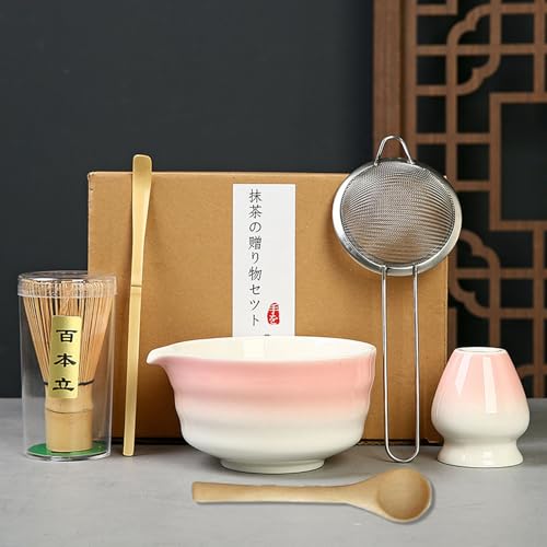 GAESHOW 6 Stück Matcha Set, Rosa Matcha Besen Set, Macha Tea Set Geschenk mit Matcha-Schale aus Keramik, Filtersieb, Bamboo Besen, Löffel GAESHOW 6 Stück Matcha Set, Rosa Matcha Besen Set, Macha Tea Set Geschenk mit Matcha-Schale aus Keramik, Filtersieb, Bamboo Besen, Löffel von GAESHOW
