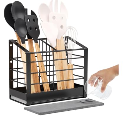 GAESHOW Besteckhalter, Abtropfgestell für Küchenbesteck, Utensilienhalter aus Metall, mit Tablett aus Kieselstein, für Essstäbchen, Löffel, Gabel von GAESHOW