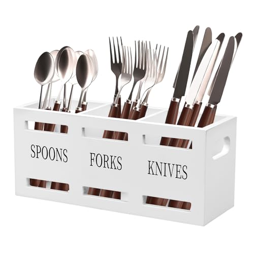 GAESHOW Besteckhalter Holz, Besteckhalter Tisch, Besteck Organizer mit 3 Fächern, Besteckständer für Küchenmesser, Besteck, Löffel (Weiß) von GAESHOW